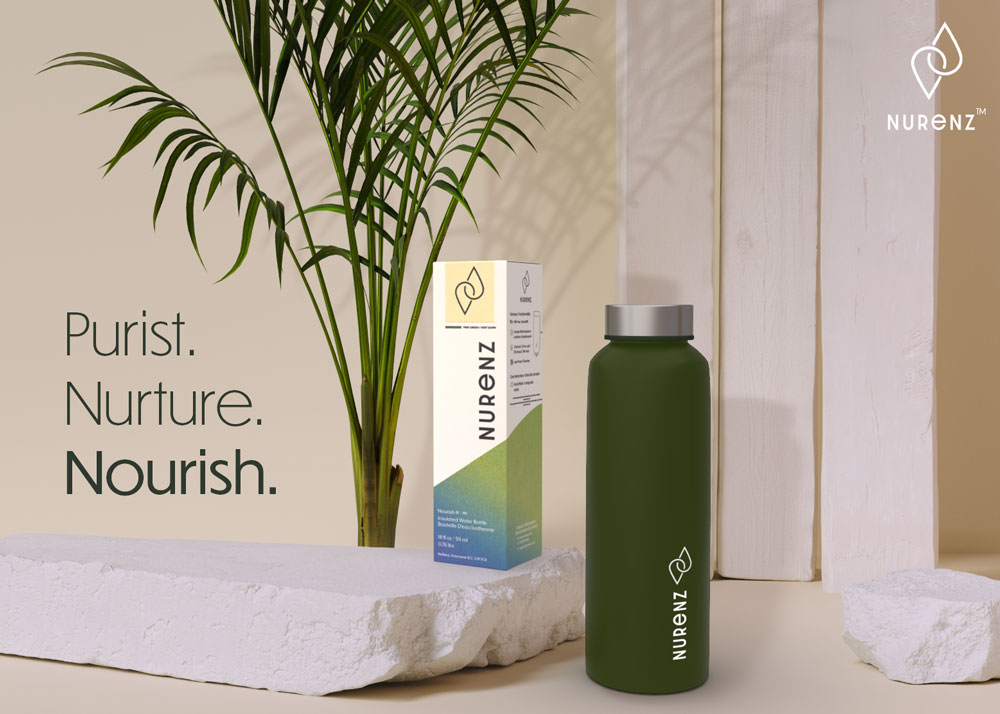 Mock up of Nurenz brand's water bottle packaging