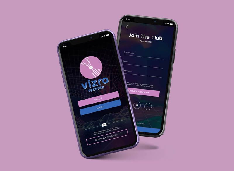 Vizro Records mobile app prototype mockup